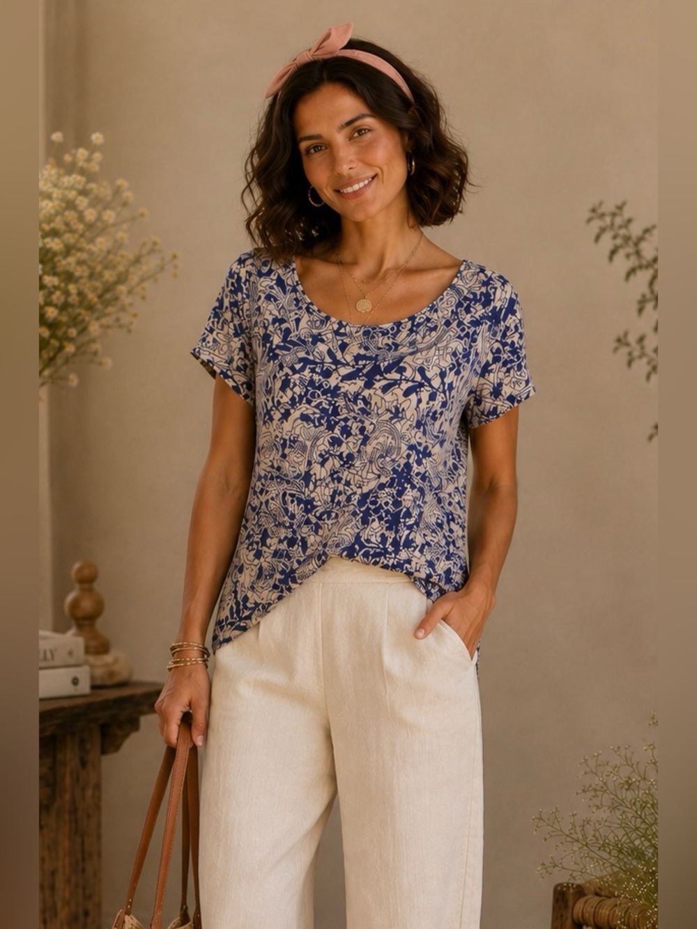 LuLaRoe Short Sleeve Floral Paisley Tee — Beige & Navy